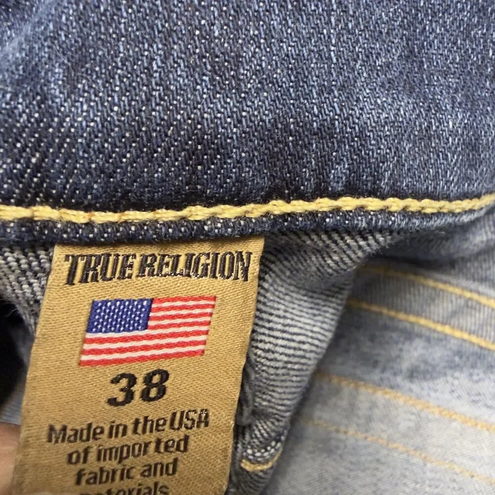 True Religion Ricky W/Flap Jeans Mens 38x26 Blue Relaxed Straight USA Short Hem